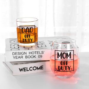 Modwnfy New Parents Gifts for Couples, Mom & Dad Off Duty Stemless Wine Glass & Whiskey Glass, New Parents Gifts First Time Parents Gifts New Mom and Dad Gifts for Mother Day Father Day Christmas
