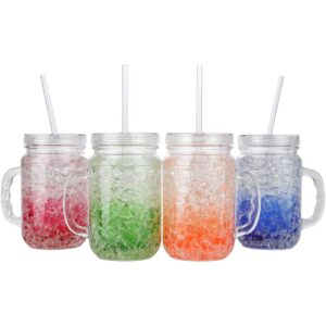 lily's home double wall gel-filled acrylic freezer mason jar mugs with lids and straws, great as old fashion drinking glasses at bbqs and parties, assorted colors (18 oz. each, set of 4)