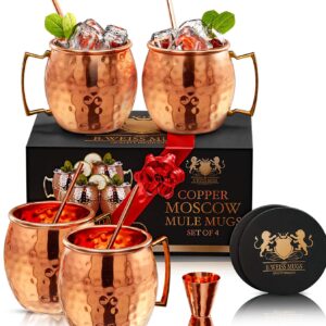 B. WEISS Premium Moscow Mule Mugs Set of 4 with Bonus Accessories - 100% Real Copper cups, Handcrafted, 16 oz - Includes Copper Straws, Jigger, and Coasters -Gift for Any Occasion - Food Safe