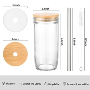 MOHARY [ 4 Pack ] Glass Cups Set - 24oz Mason Jar Drinking Glasses with Bamboo Lids & Straws & 2 Airtight Lids & 2 hole Lids - Cute Reusable Boba Bottle, Travel Tumbler for Tea, smoothie