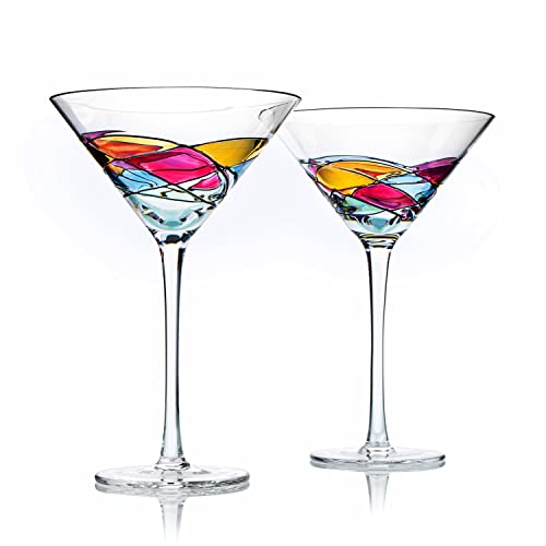 Artisanal Hand Painted Martini & Cocktail Glasses - Renaissance Romantic Stain-glassed Windows Wine Glasses Set of 2 - Gift Idea for Her, Him, Birthday, Housewarming - Extra Large Goblets (Martini)