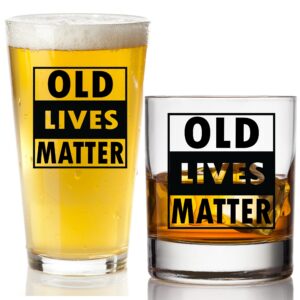 old lives matter beer glass + whiskey scotch glass - funny retirement or birthday gifts for men - unique gag gifts for dad, grandpa, old man, or senior citizen