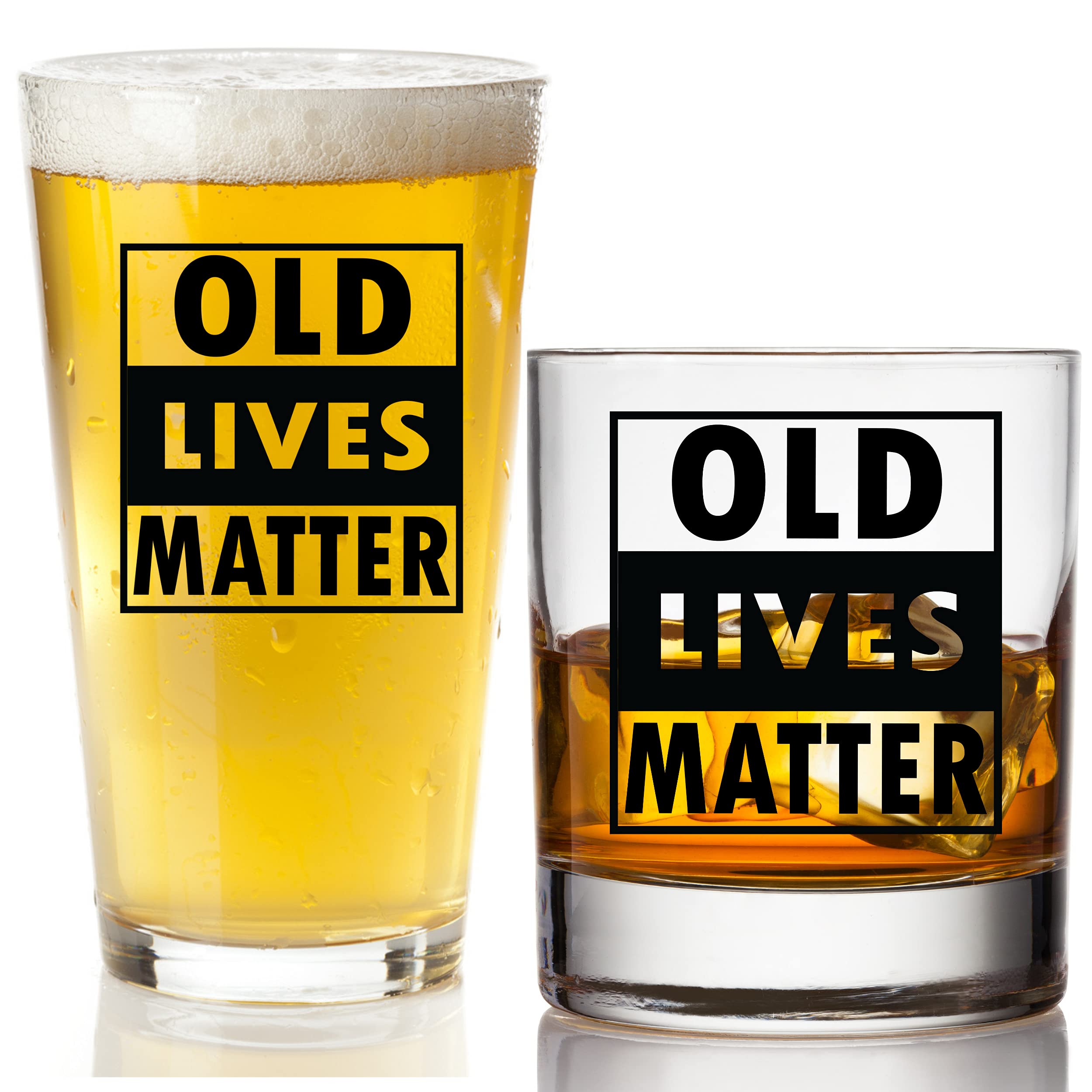 Old Lives Matter Beer Glass + Whiskey Scotch Glass - Funny Retirement or Birthday Gifts for Men - Unique Gag Gifts for Dad, Grandpa, Old Man, or Senior Citizen