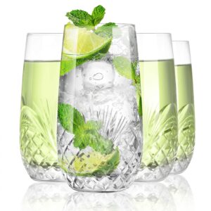 shoshin hand cut highball glasses crystal (set of 4, 17oz) - elegant water juice drinking glasses, everyday beverage glasses, large collins glasses perfect for restaurant, kitchen, bar