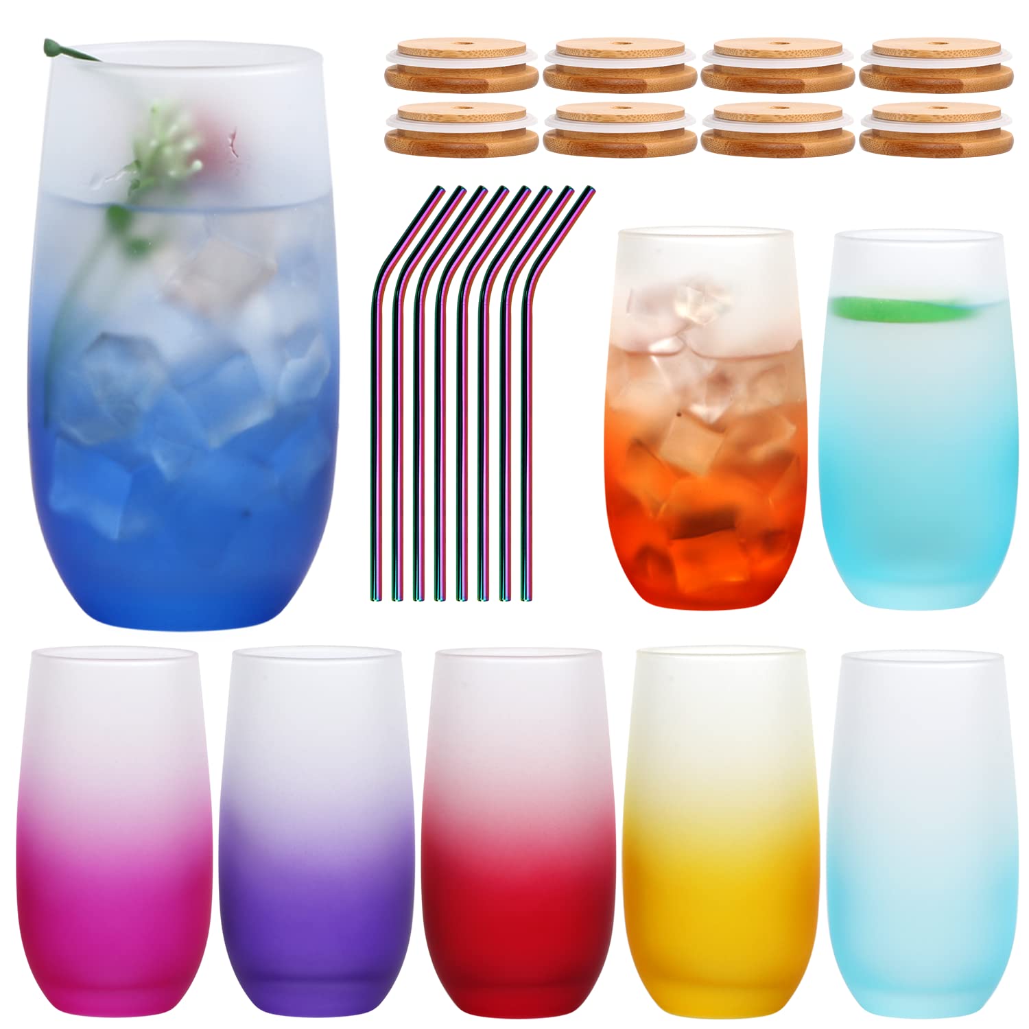 Ufrount 16 OZ Colorful Drinking Glasses with Lids and Straws, Vibrant Highball Glasses Set of 8,Color Gradient Glass Cup for Coffee,Beverage,Cocktail