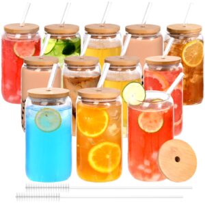 12pcs glass cups with bamboo lids and glass straws set-16oz can shaped drinking glasses, beer glasses, iced coffee glasses, cute tumbler cup, ideal for whiskey,cocktail,wine,gift-2 cleaning brushes