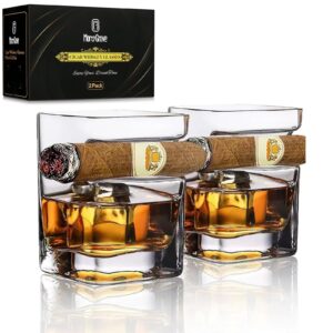 mortygrove cigar whiskey glasses -12oz old fashioned glass with integrated cigar tray,bar glass cup, crystal whisky glass set with cigar holder