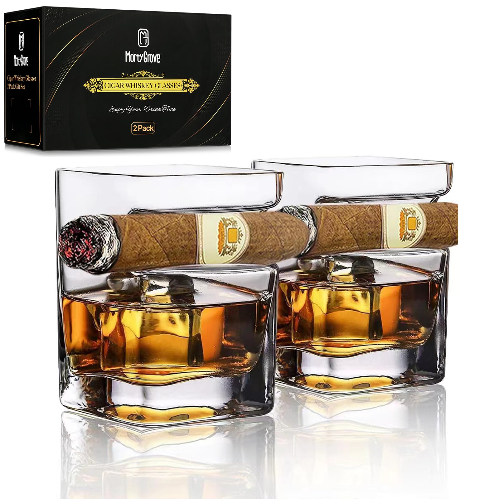 MortyGrove Cigar Whiskey Glasses -12oz Old Fashioned Glass with Integrated Cigar Tray,Bar Glass Cup, Crystal Whisky Glass Set With Cigar Holder