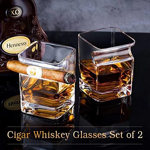 MortyGrove Cigar Whiskey Glasses -12oz Old Fashioned Glass with Integrated Cigar Tray,Bar Glass Cup, Crystal Whisky Glass Set With Cigar Holder