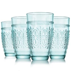 creativeland mixed drinking glasses set of 6 energy turquoise colored highball glass cups, vintage tall beverage water tumblers for soda, juice, iced tea, cocktails on kitchen 14.8oz