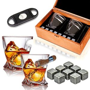 bezrat old fashioned whiskey cigar glasses with side mounted cigar holder + whisky chilling stones and accessories in wooden box - scotch bourbon set for dad, husband, fathers day, birthday gift set