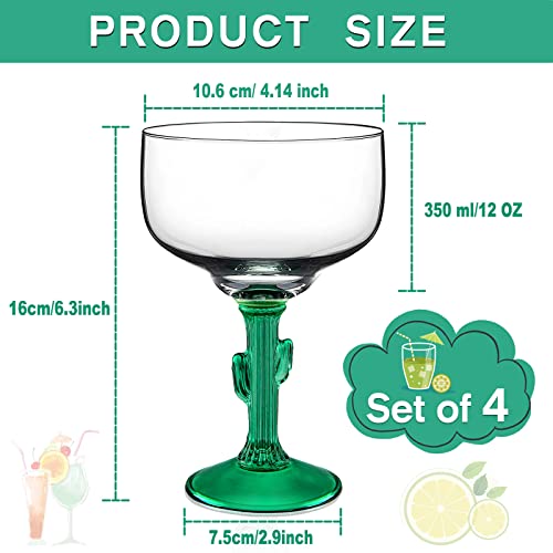 4 Pack Cactus Margarita Glasses Saguaro Margarita Glasses Cactus Green Rim Hand Blown Cactus Cocktail Glass for Drinking Margaritas, Pina Coladas, Daiquiris, and Other Cocktails (12 oz)