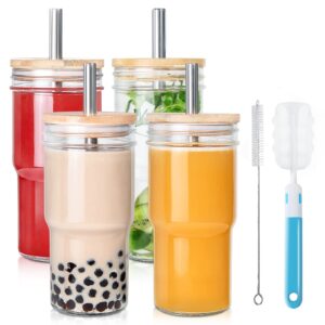 4 pack glass cups set - 22 oz mason jar with multicolor lids and straws, reusable iced coffee cup wide mouth bubble cups, smoothie bobo cup, tumbler drinking bottle for pearl tea,juice,smoothies