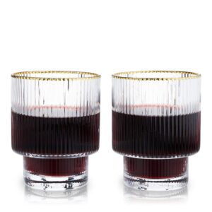 TRUE Viski Meridian Lowball Glasses Set of 2 - Premium Crystal Clear Vintage Drinking Tumblers for Whiskey, Scotch & Bourbon in Art Deco Ripple Glassware Design, Gold Rimmed Gift Set, 12 oz.