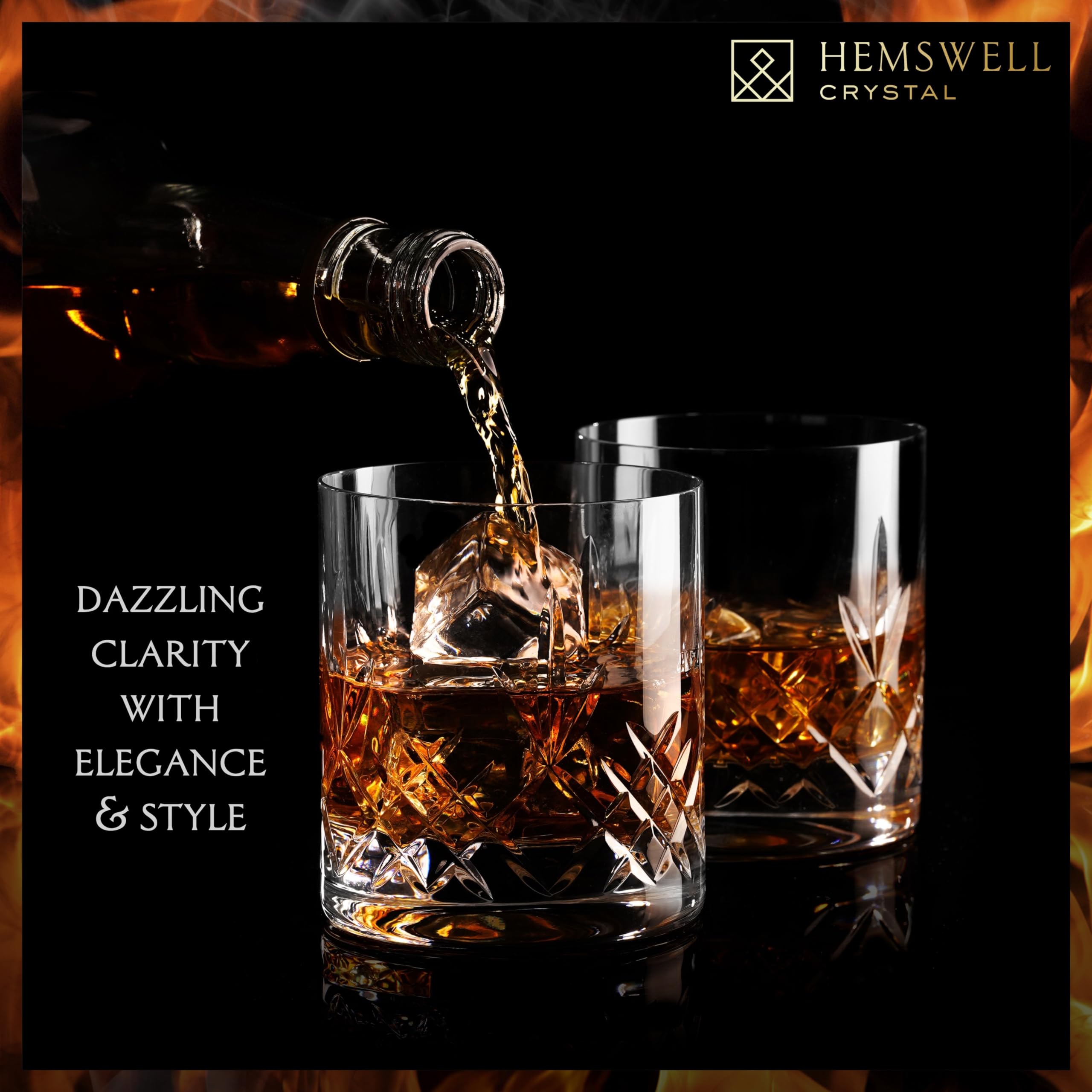 Hemswell Crystal Whisky Glasses Set of 2 11oz - Luxury Cut Glass Whiskey Rock Tumblers for Men - Old Fashioned Glassware Sets for Bourbon and Whisky with Solid Base - Satin Lined Box - Wicklow