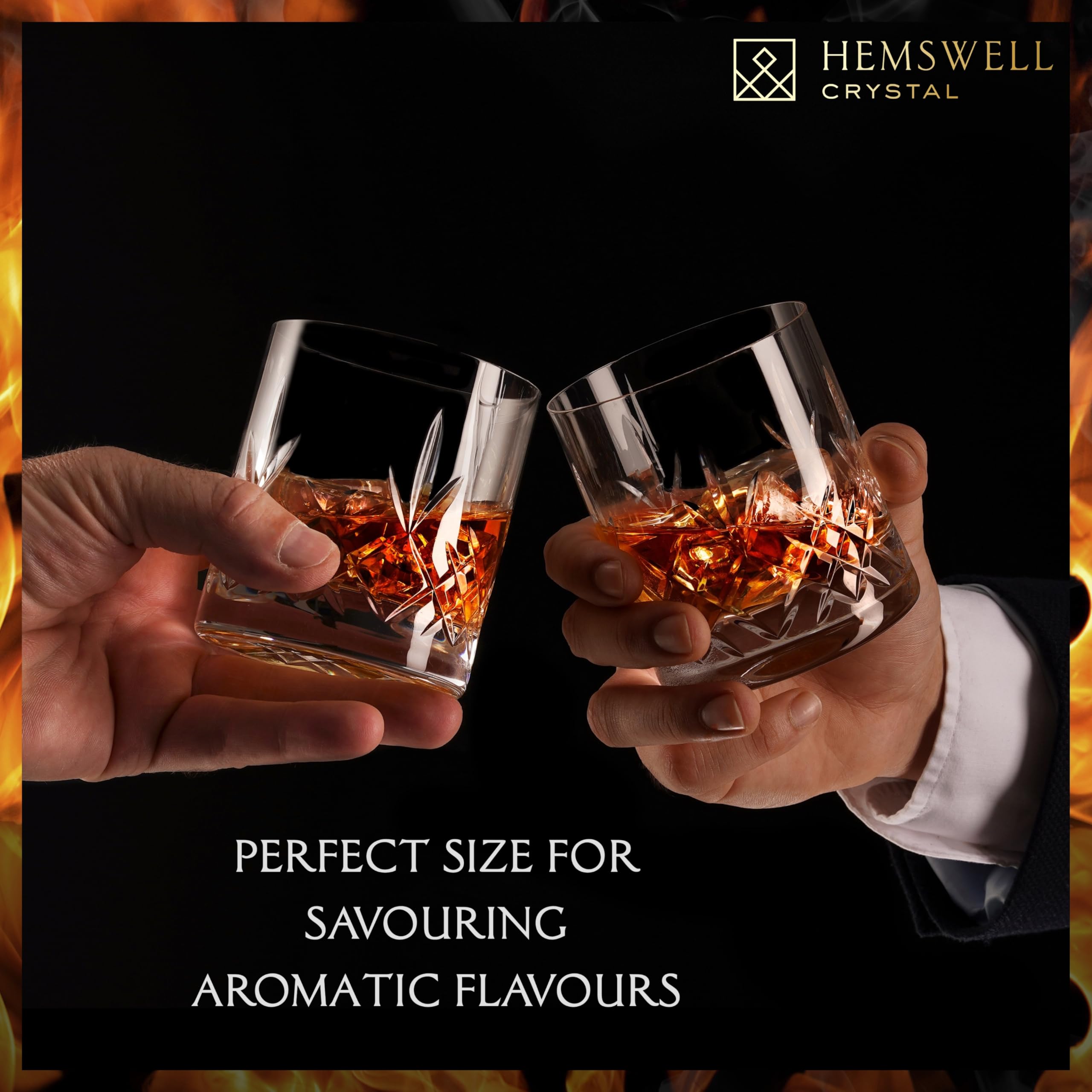 Hemswell Crystal Whisky Glasses Set of 2 11oz - Luxury Cut Glass Whiskey Rock Tumblers for Men - Old Fashioned Glassware Sets for Bourbon and Whisky with Solid Base - Satin Lined Box - Wicklow