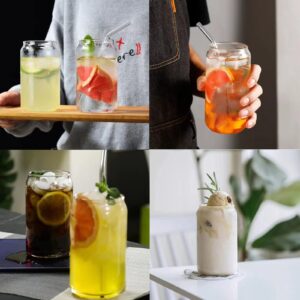 MOHARY Drinking Glasses with Glass Straw 4pcs Set - 16oz Glass Cups, Iced Coffee Glasses, Beer Glasses, Cute Reusable Bottle, Ideal for Whiskey, Cocktail, Tea, Water, Gift - 2 Cleaning Brushes