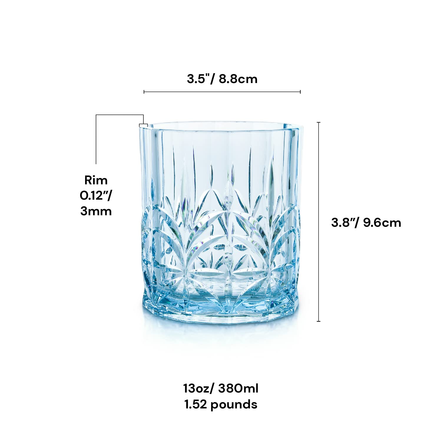 BELLAFORTE Shatterproof Tritan Plastic Short Tumbler, Set of 4, 13oz - Myrtle Beach Unbreakable Crystal Cut Old Fashioned Drinking Glasses for Whiskey - BPA Free - Dishwasher Safe - Blue