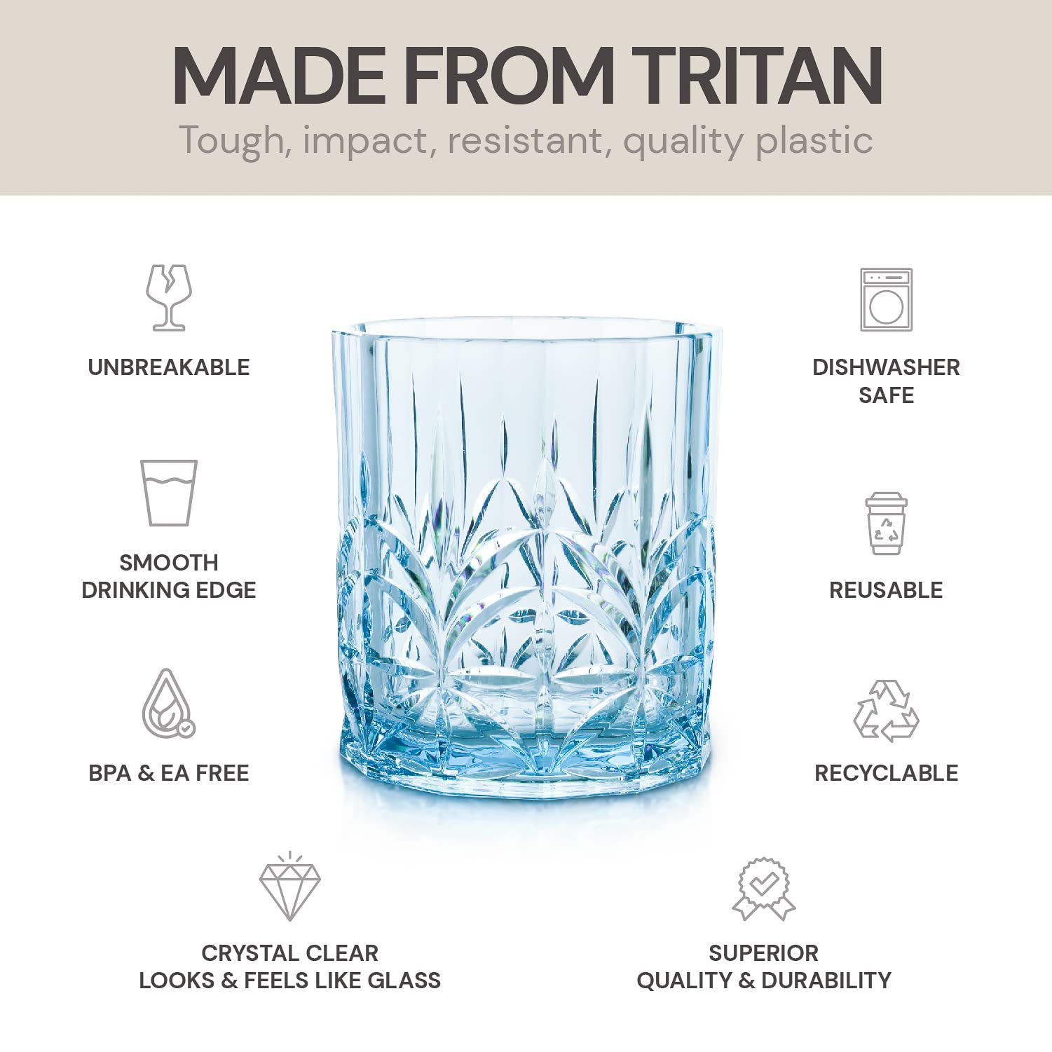 BELLAFORTE Shatterproof Tritan Plastic Short Tumbler, Set of 4, 13oz - Myrtle Beach Unbreakable Crystal Cut Old Fashioned Drinking Glasses for Whiskey - BPA Free - Dishwasher Safe - Blue