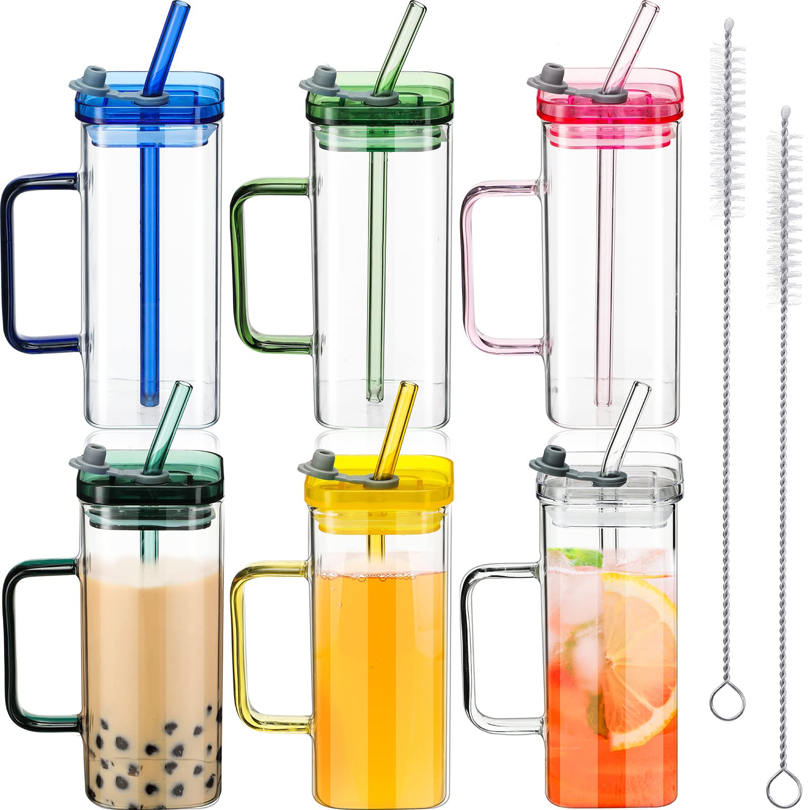 Rtteri 6 Sets Square Glass Cups with Lids and Straws Coffee Cups with Handle Drinking Glasses Wide Mouth Multi Colored Glass Tumbler with Handle for Home Employee Coworkers (13 oz, Small)