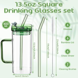 Rtteri 6 Sets Square Glass Cups with Lids and Straws Coffee Cups with Handle Drinking Glasses Wide Mouth Multi Colored Glass Tumbler with Handle for Home Employee Coworkers (13 oz, Small)