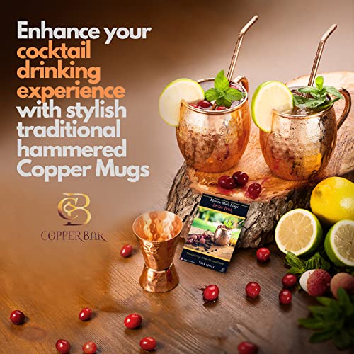 copper-bar Moscow Mule Copper Mugs | Set of 2 Hammered Cups | 100% HANDCRAFTED Pure Solid Copper | Gift Set With Cocktail Straws | Shot Glass | Coasters | Copper Stirrer & Beer opener