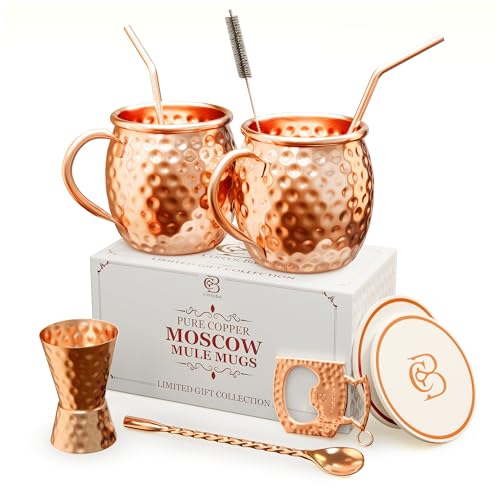 copper-bar Moscow Mule Copper Mugs | Set of 2 Hammered Cups | 100% HANDCRAFTED Pure Solid Copper | Gift Set With Cocktail Straws | Shot Glass | Coasters | Copper Stirrer & Beer opener