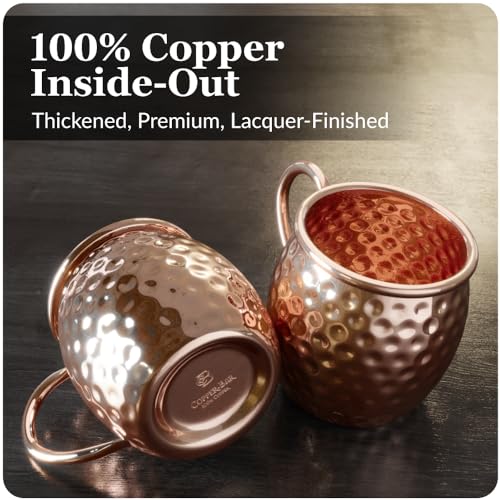 copper-bar Moscow Mule Copper Mugs | Set of 2 Hammered Cups | 100% HANDCRAFTED Pure Solid Copper | Gift Set With Cocktail Straws | Shot Glass | Coasters | Copper Stirrer & Beer opener