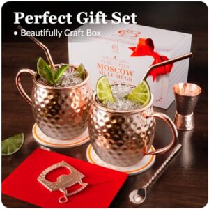 copper-bar Moscow Mule Copper Mugs | Set of 2 Hammered Cups | 100% HANDCRAFTED Pure Solid Copper | Gift Set With Cocktail Straws | Shot Glass | Coasters | Copper Stirrer & Beer opener