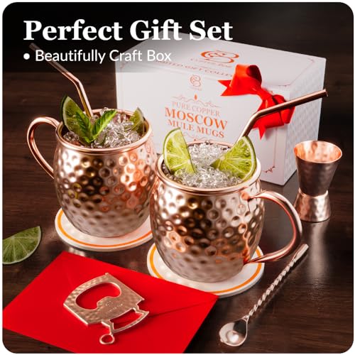 copper-bar Moscow Mule Copper Mugs | Set of 2 Hammered Cups | 100% HANDCRAFTED Pure Solid Copper | Gift Set With Cocktail Straws | Shot Glass | Coasters | Copper Stirrer & Beer opener