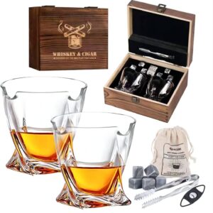 vkdone whiskey glasses set of 2 - bourbon gifts for men includes whisky rocks glasses, chilling stones, tongs, velvet pouch and cutter, valentines day gifts for him, dad, husband, whiskey lover