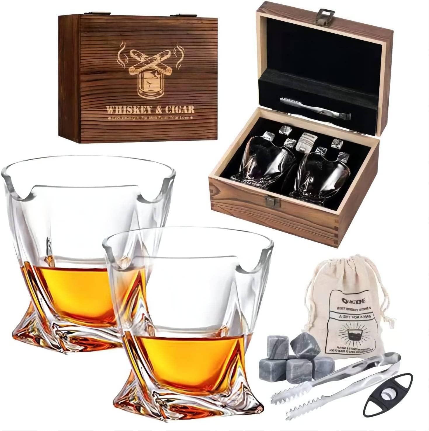 VKDONE Whiskey Glasses Set of 2 - Bourbon Gifts for Men Includes Whisky Rocks Glasses, Chilling Stones, Tongs, Velvet Pouch and Cutter, Valentines Day Gifts for Him, Dad, Husband, Whiskey Lover