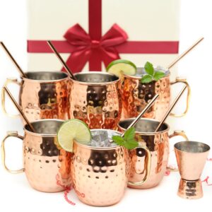 kitchen science [gift set] moscow mule mugs, stainless steel lined copper moscow mule cups set of 6 (18oz) w/straws, jigger, spoon & brush | tarnish-resistant stainless steel interior