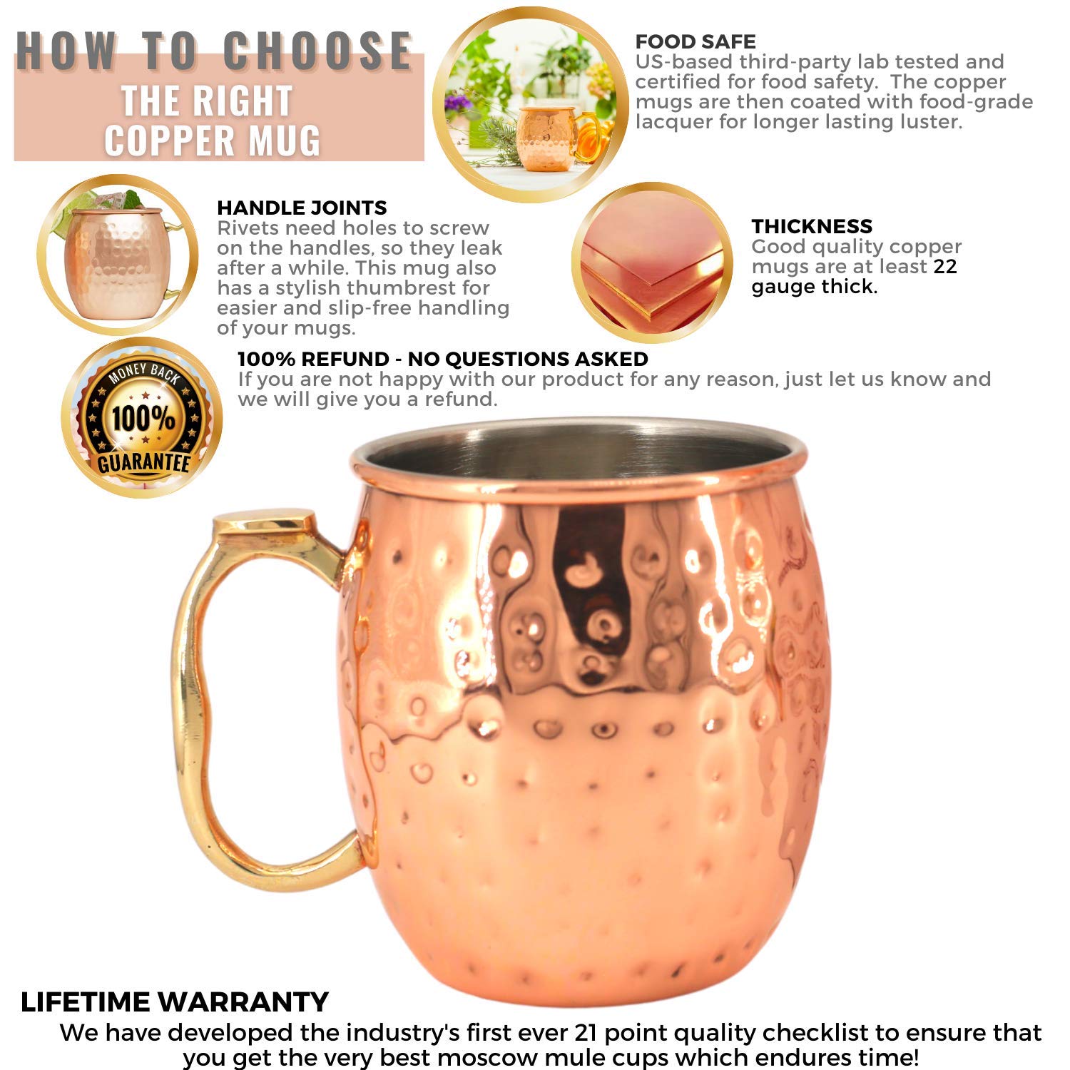 Kitchen Science [Gift Set] Moscow Mule Mugs, Stainless Steel Lined Copper Moscow Mule Cups Set of 6 (18oz) w/Straws, Jigger, Spoon & Brush | Tarnish-Resistant Stainless Steel Interior