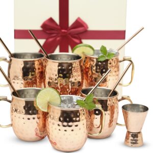 Kitchen Science [Gift Set] Moscow Mule Mugs, Stainless Steel Lined Copper Moscow Mule Cups Set of 6 (18oz) w/Straws, Jigger, Spoon & Brush | Tarnish-Resistant Stainless Steel Interior