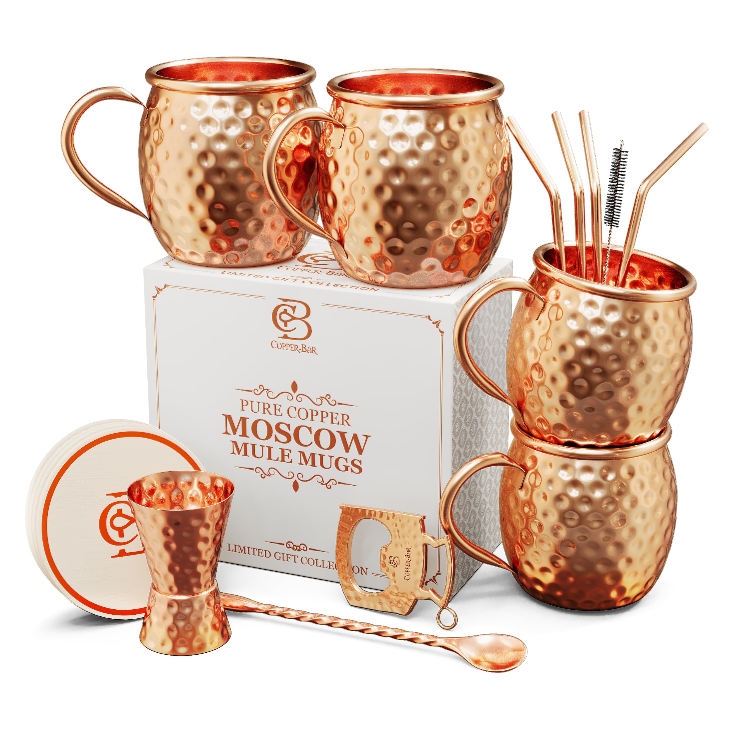 Moscow Mule Copper Mugs | Set of 4 Hammered Cups | 100% HANDCRAFTED Pure Solid Copper | Gift Set With Cocktail Straws | Shot Glass | Coasters | Copper Stirrer & Beer opener By Copper-Bar