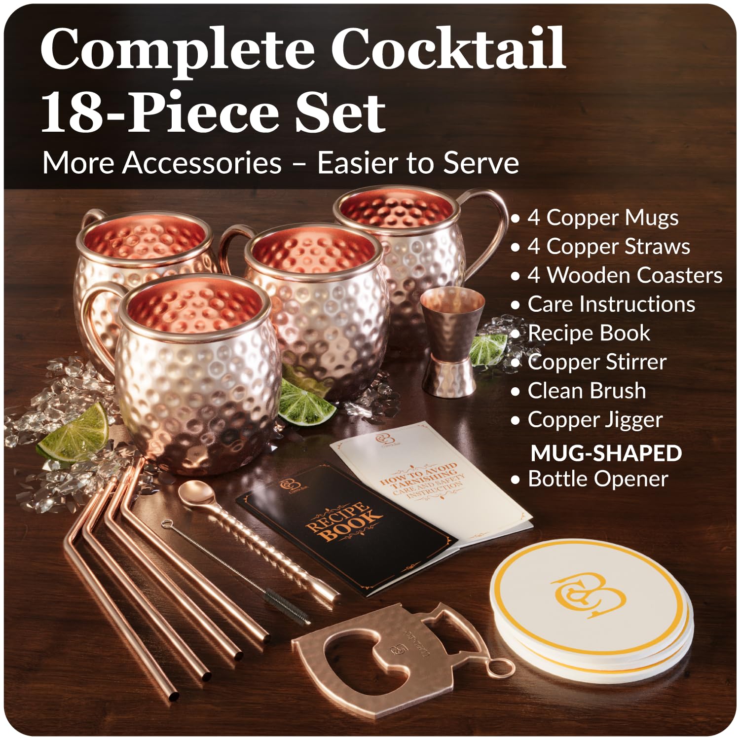 Moscow Mule Copper Mugs | Set of 4 Hammered Cups | 100% HANDCRAFTED Pure Solid Copper | Gift Set With Cocktail Straws | Shot Glass | Coasters | Copper Stirrer & Beer opener By Copper-Bar