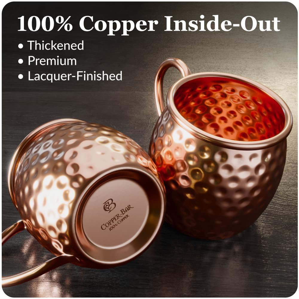 Moscow Mule Copper Mugs | Set of 4 Hammered Cups | 100% HANDCRAFTED Pure Solid Copper | Gift Set With Cocktail Straws | Shot Glass | Coasters | Copper Stirrer & Beer opener By Copper-Bar