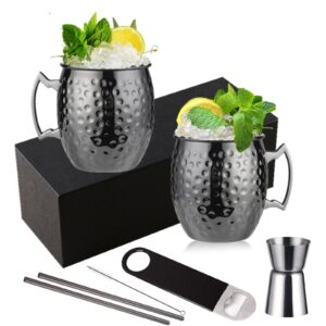 shining craft moscow mule mugs set of 2 - black plated hammered mugs 18 oz/ 550ml with brass handle and stainless, unlined cups for moscow mule cocktails and other chilled drinks (black) sc020