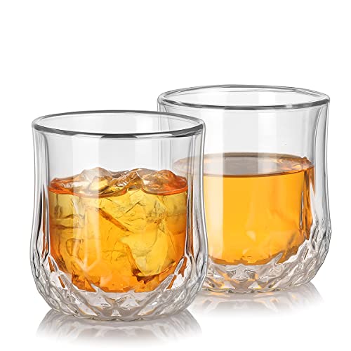 Double Wall Glasses Set of 2 for Men Women Drinking Whiskey Bourbon Scotch Cocktails Cold Drinks No Sweat Insulated Tumbler Stemless Wine Glasses Clear Cup in Gift Box Freezer Safe 8OZ