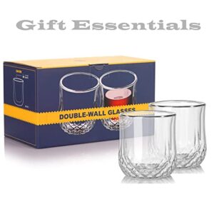 Double Wall Glasses Set of 2 for Men Women Drinking Whiskey Bourbon Scotch Cocktails Cold Drinks No Sweat Insulated Tumbler Stemless Wine Glasses Clear Cup in Gift Box Freezer Safe 8OZ