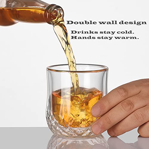 Double Wall Glasses Set of 2 for Men Women Drinking Whiskey Bourbon Scotch Cocktails Cold Drinks No Sweat Insulated Tumbler Stemless Wine Glasses Clear Cup in Gift Box Freezer Safe 8OZ