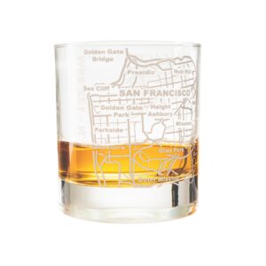 greenline goods whiskey glasses - 10 oz tumbler for san francisco lovers (single glass) - etched with san francisco map - old fashioned rocks glass