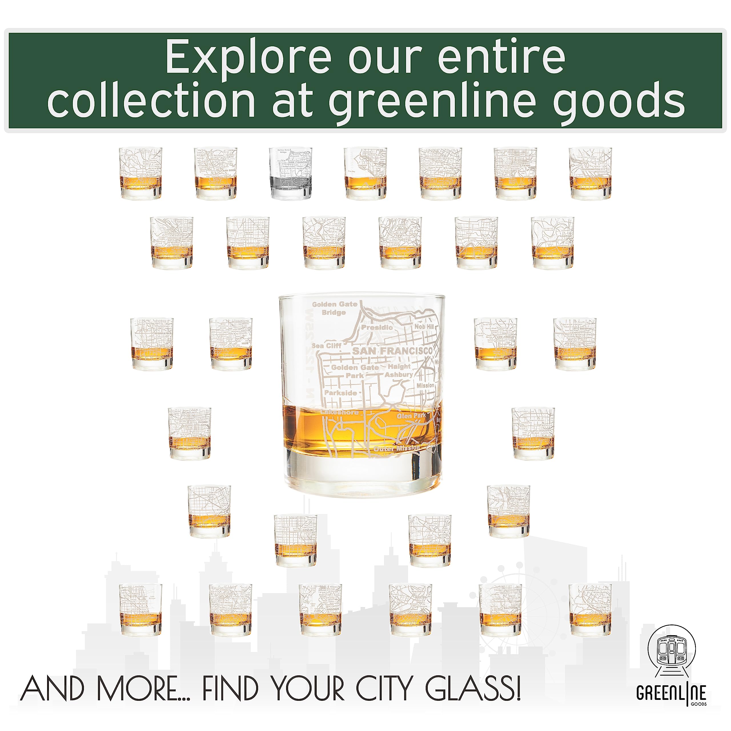 Greenline Goods Whiskey Glasses - 10 Oz Tumbler for San Francisco Lovers (Single Glass) - Etched with San Francisco Map - Old Fashioned Rocks Glass