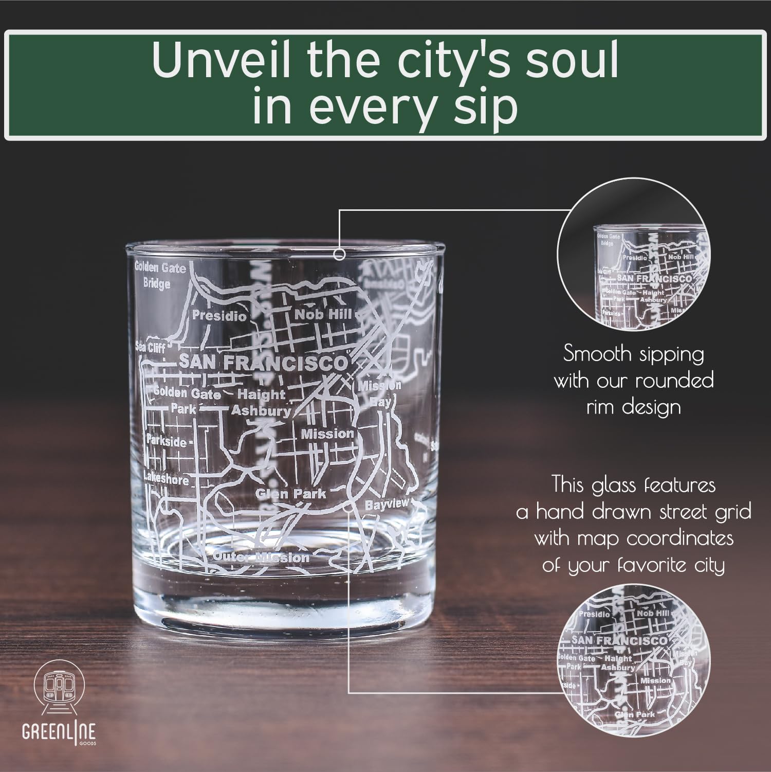 Greenline Goods Whiskey Glasses - 10 Oz Tumbler for San Francisco Lovers (Single Glass) - Etched with San Francisco Map - Old Fashioned Rocks Glass