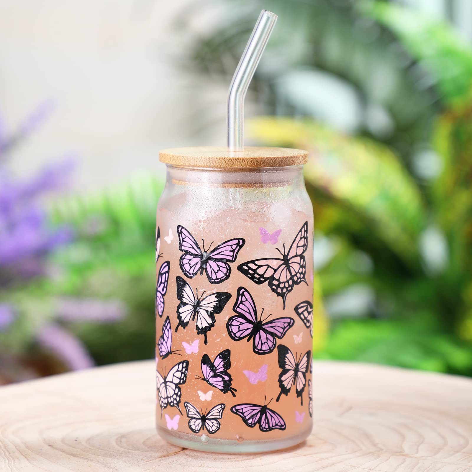 Nefelibata Butterfly Iced Coffee Glass Beer Can Glass Color Changing 16 OZ Pastel Pink & Purple Swallowtail Butterflies Art Glass Mug Present with Lid Drinking Straw Spring Mother's Day Gifts for Her