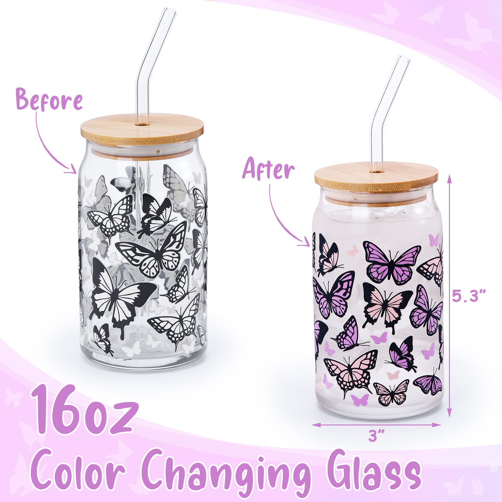 Nefelibata Butterfly Iced Coffee Glass Beer Can Glass Color Changing 16 OZ Pastel Pink & Purple Swallowtail Butterflies Art Glass Mug Present with Lid Drinking Straw Spring Mother's Day Gifts for Her