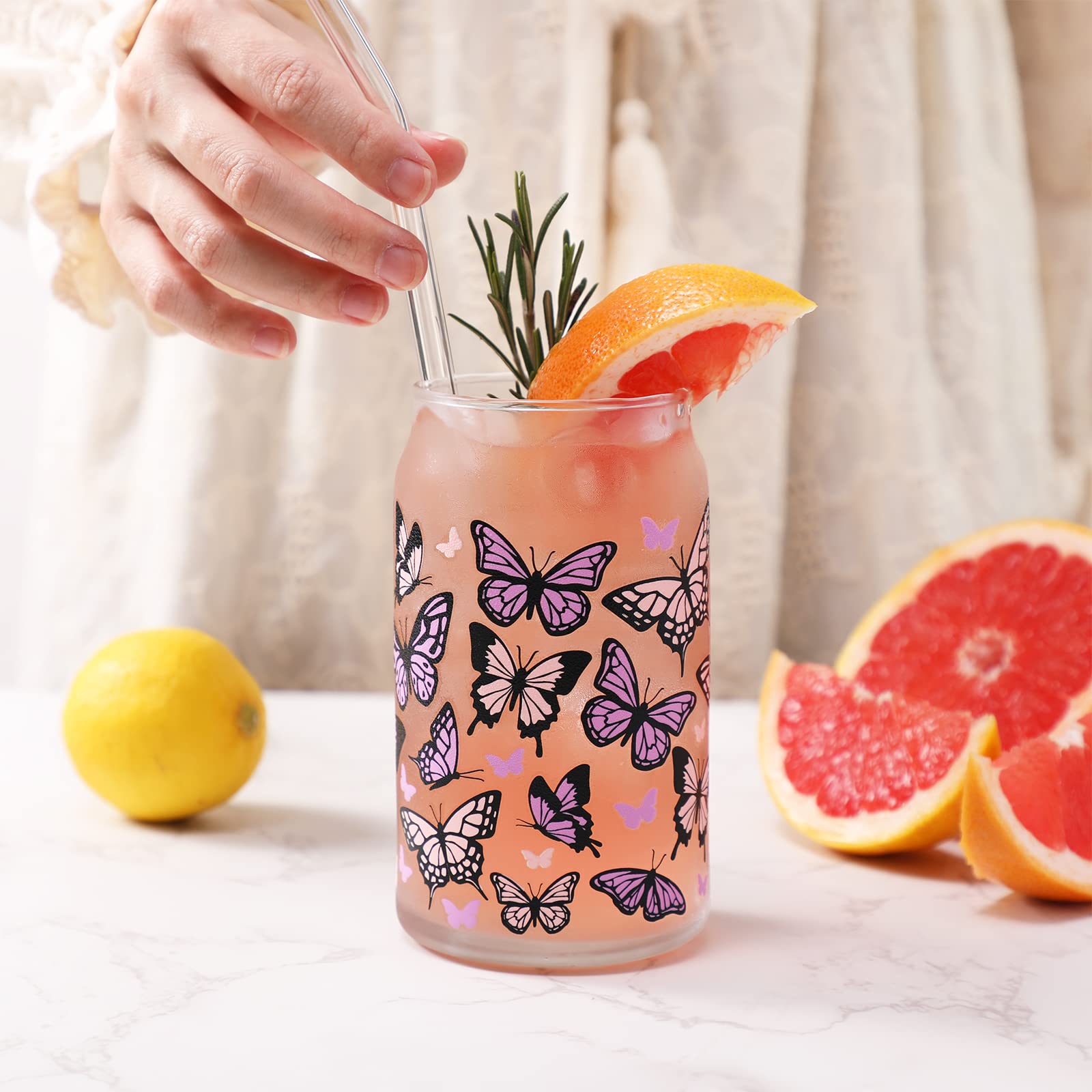 Nefelibata Butterfly Iced Coffee Glass Beer Can Glass Color Changing 16 OZ Pastel Pink & Purple Swallowtail Butterflies Art Glass Mug Present with Lid Drinking Straw Spring Mother's Day Gifts for Her