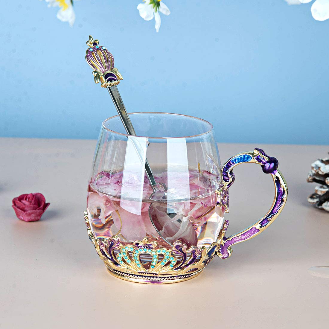 SWTHONY Glass Tea Cup Mug Set with Spoon European Style Carved Flower Glass Coffee Cups Mugs Enamel Rhinestone Glass Drinking Cups Mugs Birthday Gift For Women Wife Mom