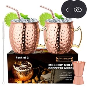 livehitop moscow mule copper mugs set of 2, 19.5 oz handcrafted copper cups stainless steel lining with jigger, straws, brush, coasters for party, bar, gift